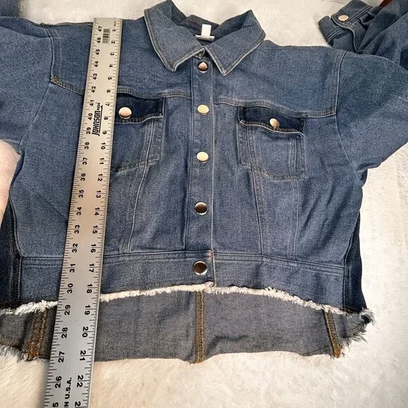 Ade Samuel For I.N.C. Womens Cropped Denim Jacket XL Blue Fringe Raw Hem Pockets - Picture 8 of 10